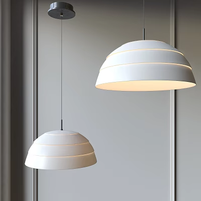 Modern White Pendant Lights With Layered Dome Design Illuminated In Interior Space 3d model