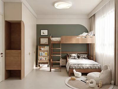 Kids Room Interior With Wooden Bunk Bed Bookshelf Green Wall And Plush Toys 3d model