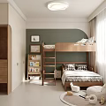Kids Room Interior With Wooden Bunk Bed Bookshelf Green Wall And Plush Toys