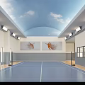 Indoor Badminton Court With Blue Floor White Lines Cloud Ceiling And Sports Paintings