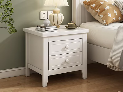 White Wooden Nightstand With Two Drawers Lamp Books And Teacup By Bedside Green Plant 3d model
