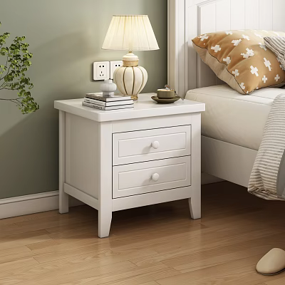 White Wooden Nightstand With Two Drawers Lamp Books And Teacup By Bedside Green Plant 3d model