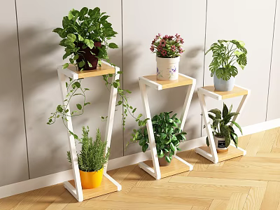 Modern Indoor Garden Decor With White Plant Stands And Various Potted Plants 3d model