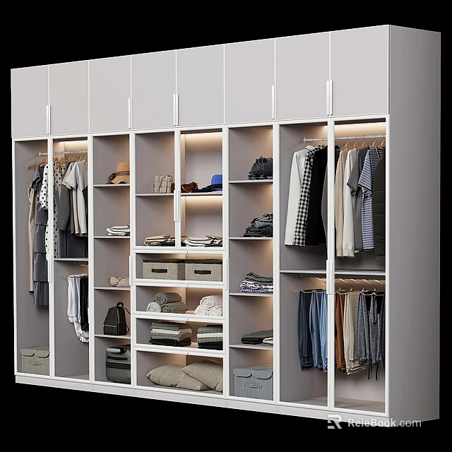 Modern Illuminated Wardrobe Design With Open Compartments Hanging Clothes Folded Garments And Storage Shelves 3d model 