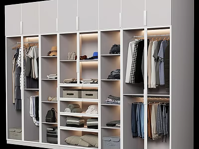 Modern Illuminated Wardrobe Design With Open Compartments Hanging Clothes Folded Garments And Storage Shelves 3d model