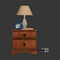 Wooden Bedside Table Interior With Table Lamp Blue Alarm Clock And Pink Book
