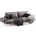 Cozy Grey Velvet Two-Seater Sofa With Black Pillows Soft Fur Throw And Knitted Blanket