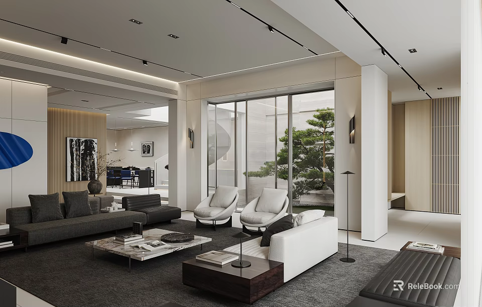 Modern Living Dining Room Interior With Sofa Coffee Table Floor To Ceiling Windows And Plants 3d model 
