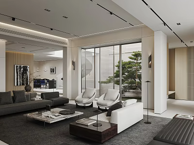 Modern Living Dining Room Interior With Sofa Coffee Table Floor To Ceiling Windows And Plants 3d model