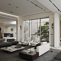 Modern Living Dining Room Interior With Sofa Coffee Table Floor To Ceiling Windows And Plants