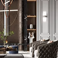 Modern Luxury Living Room Interior With Green Sofa Brown Armchair Marble Wall And Chandelier