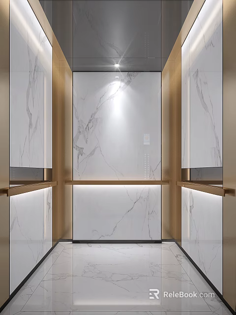 Modern Elevator Interior Design With White Marble Texture And Golden Frames 3d model