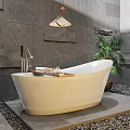 White Freestanding Bathtub With Gray Stone Wall Hanging Lamp And Green Plant On Pebble Floor