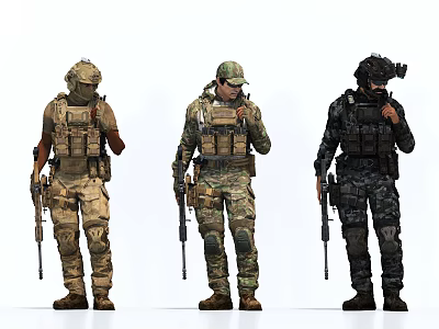 Tactical Game Movie Characters Three Soldiers In Combat Gear With Rifles And Military Helmets 3d model