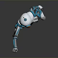 Robot Character With White And Blue Body And Orange Eyes Raising Hand On Reflective Floor