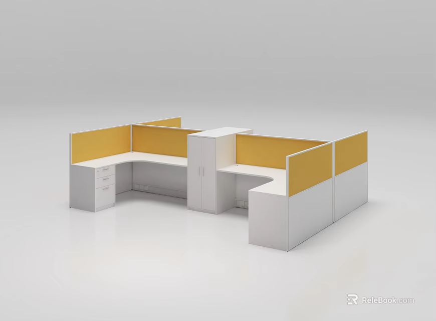 Modern Office Workstation With Yellow Partition Panels And White Storage Cabinets 3d model 