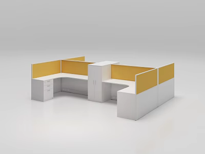 Modern Office Workstation With Yellow Partition Panels And White Storage Cabinets 3d model