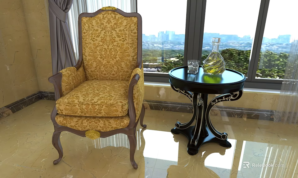Elegant Accent Chair with Yellow Floral Upholstery Wooden Accents Beside Black Round Table City View 3d model 