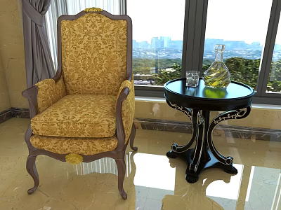 Elegant Accent Chair with Yellow Floral Upholstery Wooden Accents Beside Black Round Table City View 3d model