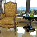 Elegant Accent Chair with Yellow Floral Upholstery Wooden Accents Beside Black Round Table City View