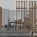 Elegant Chinese Specialty Store Interior With Wooden Shelves Tables Chairs And Display Products