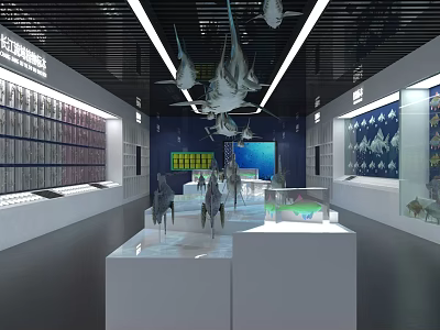 Modern Museum Exhibit Hall Interior With Display Cases Models Lighting And Wall Exhibits 3d model
