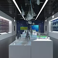 Modern Museum Exhibit Hall Interior With Display Cases Models Lighting And Wall Exhibits