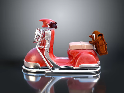 Red Scooter Model With Brown Bag And Silver Details On Reflective Surface 3d model