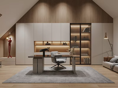 Modern Study Room With Illuminated Bookshelves Desk And Decor 3d model