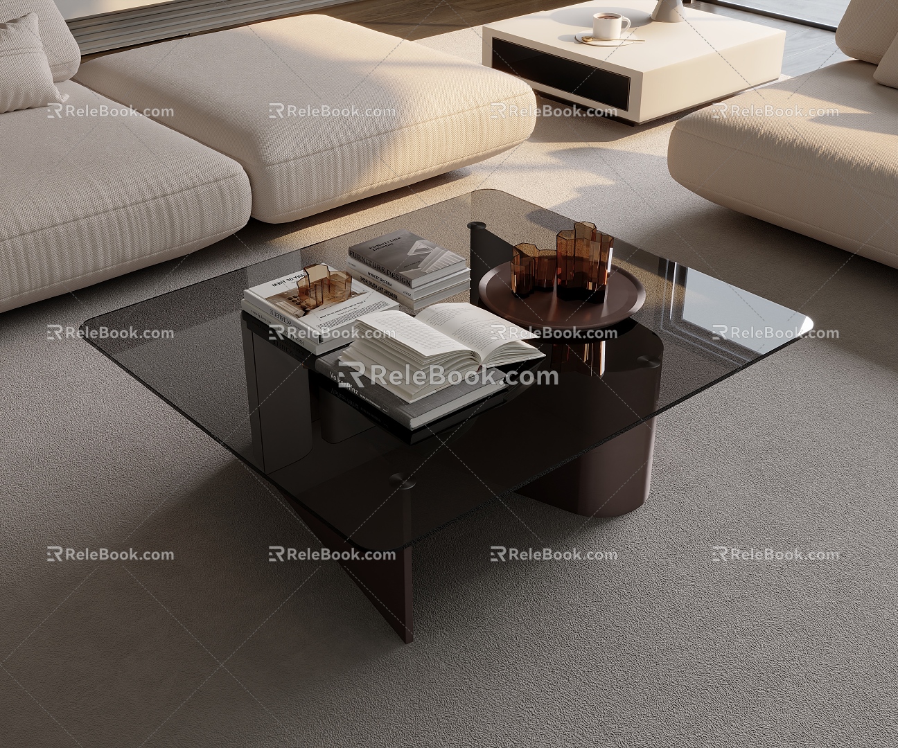 Modern minimalist glass coffee table book decoration combination 3d model