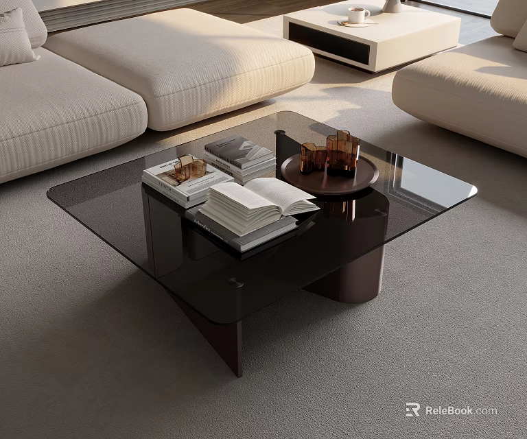 Modern Glass Top Coffee Table with Black Frame Decorative Tray and Books in Living Room 3d model 