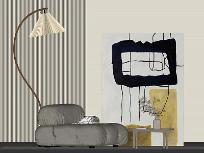 Grey Single Sofa With Arc Floor Lamp Abstract Painting And Side Table 3d model