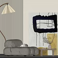 Grey Single Sofa With Arc Floor Lamp Abstract Painting And Side Table