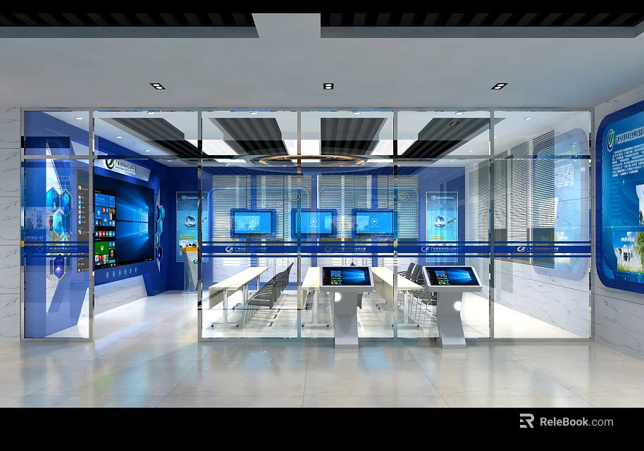 Modern Technology Exhibition Hall With Glass Partitions Blue Tones And Multiple Screens 3d model 