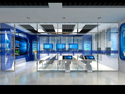 Modern Technology Exhibition Hall With Glass Partitions Blue Tones And Multiple Screens 3d model