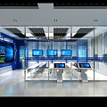 Modern Technology Exhibition Hall With Glass Partitions Blue Tones And Multiple Screens