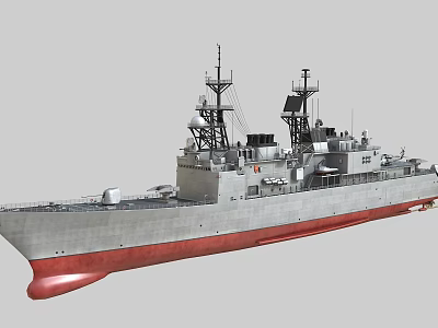 Modern Warship With Gray Hull Red Bottom Radar Systems And Naval Structures 3d model