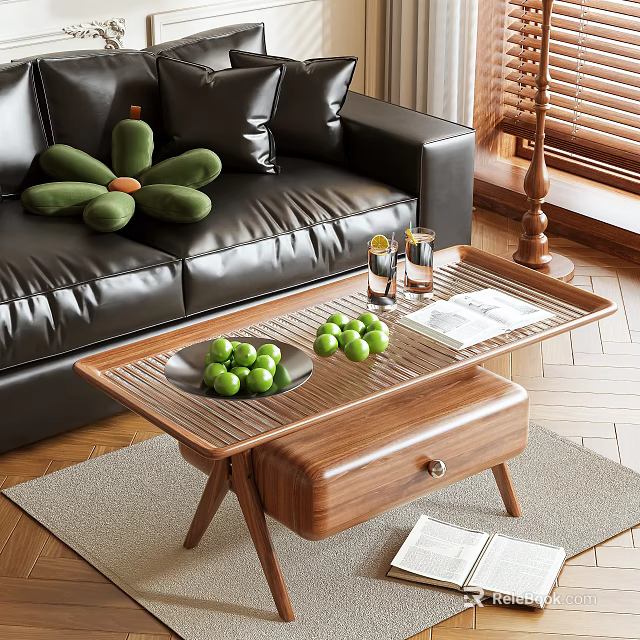Wooden Coffee Table Holding Green Fruits Glass Cups Magazine by Black Leather Sofa on Rug 3d model 