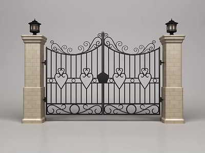 Ornate Wrought Iron Garden Gate With Heart Shapes Stone Pillars And Lamps 3d model