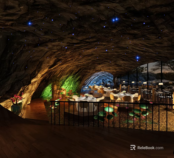 Cave Themed Restaurant Interior With Starry Ceiling Dining Tables Green Plants And Lighting 3d model