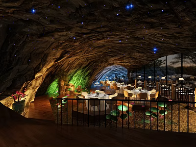 Cave Themed Restaurant Interior With Starry Ceiling Dining Tables Green Plants And Lighting 3d model