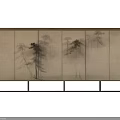 Japanese Style Sliding Curtain With Pine Tree Patterns And Beige Fabric 3d model