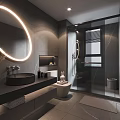 Modern Dark Bathroom With Circular Illuminated Mirror Black Basin Glass Shower And Toilet