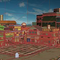 Colorful Traditional Buildings with Various Roofs Shop Signs Open Area Trees and Blue Sky