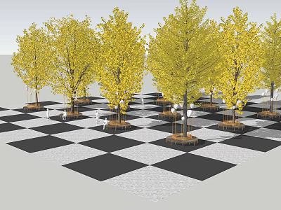 Scenic Landscape Seats With Yellow Leaf Trees On Black White Checkered Pavement 3d model