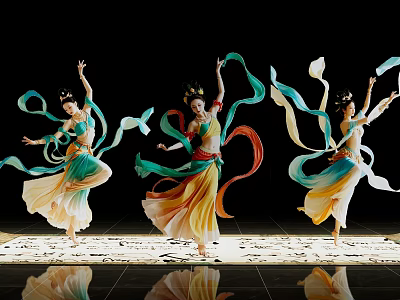 Women dancing in flowing costumes waving colorful ribbons on black background with shiny floor 3d model