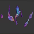 Colorful Iridescent Feather Shaped Decorative Sculptures On Dark Background With Reflections