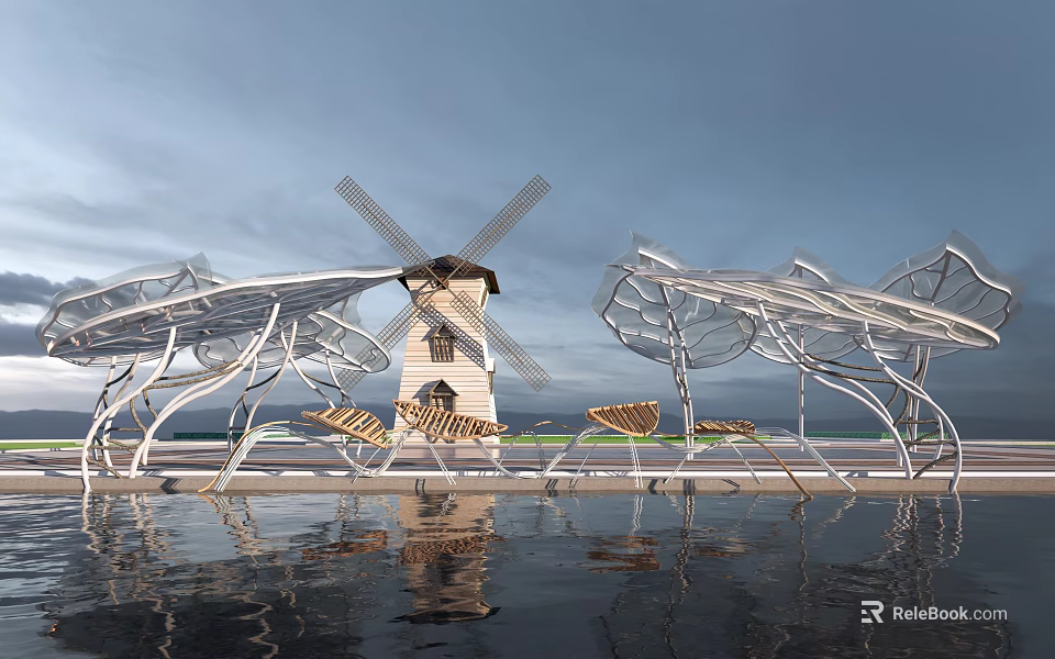 Modern Designed Pergola With Windmill And Chairs By Water Surface Reflection 3d model