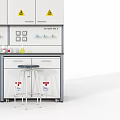 Laboratory Workbench Setup With Upper Cabinets Warning Signs Reagent Bottles And Stools