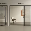 Modern Glass Sliding Door with Black Frame in Minimalist Interior Room with Chair